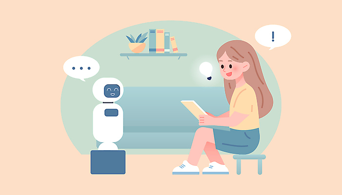 전신 여자 교육 화분 화초 어린이 말풍선 의자 일러스트 전구 선반 기술 대화 한명 들기 앉기 소녀 책 소파 태블릿 독서 노란색 디지털 느낌표 읽기 로봇 소녀한명만 상호작용 AI_인공지능 국내일러스트 AI파일 식물 1 기호 컬러 가구 모션 말하기 사람 전자제품 스마트기기 여자한명만 소녀만 파일형식 벡터