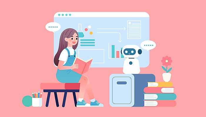 전신 여자 교육 꽃 화살표 화분 어린이 과학 말풍선 의자 일러스트 커뮤니케이션 그래프 기술 실험 대화 한명 들기 앉기 소녀 책 빨간색 독서 디지털 읽기 로봇 연필꽂이 소녀한명만 상호작용 AI_인공지능 국내일러스트 AI파일 식물 1 컬러 가구 모션 문구용품 말하기 사람 여자한명만 소녀만 파일형식 벡터