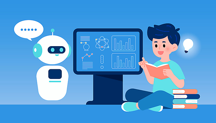 전신 교육 남자 어린이 과학 말풍선 일러스트 전구 커뮤니케이션 그래프 기술 대화 한명 들기 앉기 소년 책 파란색 독서 디지털 모니터 읽기 로봇 소년한명만 상호작용 AI_인공지능 국내일러스트 AI파일 1 컬러 모션 말하기 사람 컴퓨터 남자한명만 소년만 파일형식 벡터