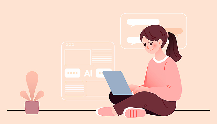 전신 여자 교육 화분 화초 어린이 분홍색 말풍선 일러스트 커뮤니케이션 기술 대화 한명 앉기 소녀 노트북 디지털 타이핑 로봇 소녀한명만 코딩 상호작용 AI_인공지능 국내일러스트 AI파일 식물 1 컬러 모션 말하기 사람 전자제품 컴퓨터교육 여자한명만 소녀만 파일형식 벡터