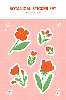 꽃잎 꽃 줄기 분홍색 스티커 잎 일러스트 자연 사람없음 빨간색 세트 귀여움 엘리먼트 국내일러스트 AI파일 식물 컬러 컨셉 생태계 파일형식 벡터