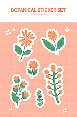 꽃잎 꽃 줄기 분홍색 스티커 잎 일러스트 자연 사람없음 세트 귀여움 살구색 엘리먼트 국내일러스트 AI파일 식물 컬러 컨셉 생태계 파일형식 벡터