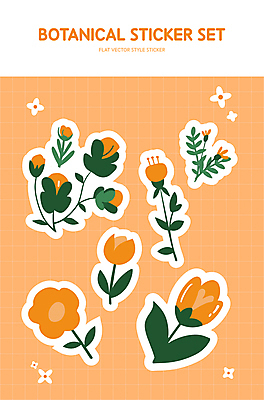 꽃잎 꽃 줄기 스티커 잎 일러스트 자연 사람없음 세트 귀여움 주황색 엘리먼트 국내일러스트 AI파일 식물 컬러 컨셉 생태계 파일형식 벡터