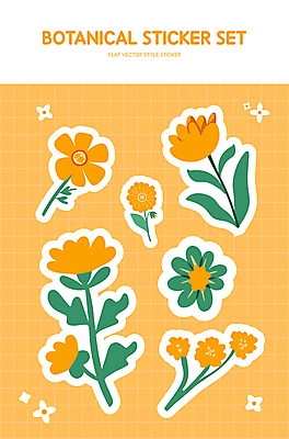 꽃잎 꽃 줄기 스티커 잎 일러스트 자연 사람없음 세트 귀여움 주황색 엘리먼트 국내일러스트 AI파일 식물 컬러 컨셉 생태계 파일형식 벡터