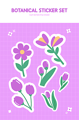꽃잎 꽃 줄기 스티커 잎 일러스트 자연 사람없음 세트 귀여움 보라색 엘리먼트 국내일러스트 AI파일 식물 컬러 컨셉 생태계 파일형식 벡터