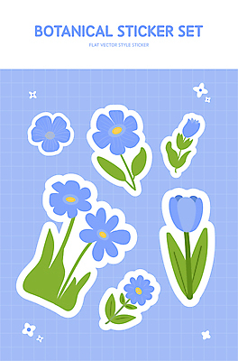 꽃잎 꽃 줄기 스티커 잎 일러스트 자연 사람없음 파란색 세트 귀여움 엘리먼트 국내일러스트 AI파일 식물 컬러 컨셉 생태계 파일형식 벡터