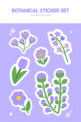 꽃잎 꽃 줄기 스티커 잎 일러스트 자연 사람없음 세트 귀여움 보라색 엘리먼트 국내일러스트 AI파일 식물 컬러 컨셉 생태계 파일형식 벡터