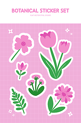 꽃잎 꽃 줄기 분홍색 스티커 잎 일러스트 자연 사람없음 세트 귀여움 엘리먼트 국내일러스트 AI파일 식물 컬러 컨셉 생태계 파일형식 벡터