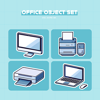 아이콘 하늘색 회사 비즈니스 직장 사람없음 노트북 세트 모니터 사무용품 마우스 업무 인쇄기 파쇄기 2D아이콘 AI파일 문구용품 파란색 전자제품 컴퓨터 컴퓨터용품 기계 작업 파일형식 벡터