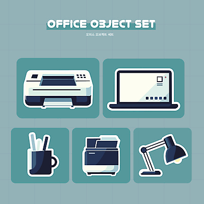 아이콘 회사 비즈니스 직장 사람없음 초록색 노트북 세트 사무용품 스탠드 업무 인쇄기 연필꽂이 2D아이콘 AI파일 컬러 문구용품 조명 전자제품 작업 파일형식 벡터