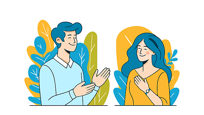 캐릭터 여자 남자 일러스트 커뮤니케이션 대화 미소 성인 두명 노란색 마주보기 풀잎 손목시계 즐거움 의사소통 성인만 국내일러스트 일러캐릭터 AI파일 감정 시계 컬러 잎 장신구 모션 표정 말하기 사람 풀_식물 파일형식 벡터