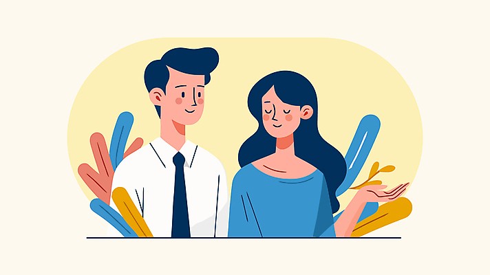 캐릭터 여자 남자 일러스트 커뮤니케이션 대화 미소 성인 두명 노란색 눈감음 풀잎 즐거움 의사소통 성인만 국내일러스트 일러캐릭터 AI파일 감정 컬러 잎 모션 표정 말하기 사람 풀_식물 파일형식 벡터