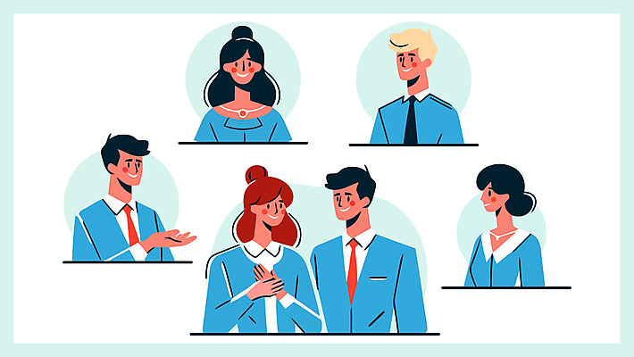 캐릭터 여자 남자 일러스트 목걸이 커뮤니케이션 넥타이 대화 미소 정장 여러명 성인 파란색 즐거움 의사소통 성인만 국내일러스트 일러캐릭터 AI파일 잡화 옷 감정 컬러 다수 장신구 표정 말하기 사람 파일형식 벡터