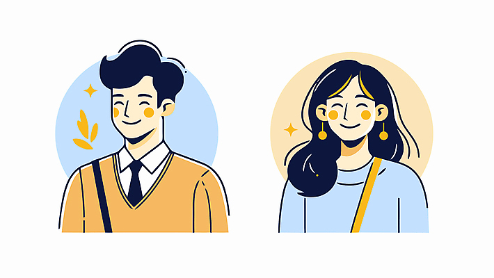 캐릭터 여자 남자 일러스트 커뮤니케이션 대화 미소 성인 두명 노란색 귀걸이 풀잎 즐거움 의사소통 성인만 국내일러스트 일러캐릭터 AI파일 감정 컬러 잎 장신구 표정 말하기 사람 풀_식물 파일형식 벡터