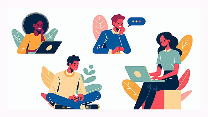 캐릭터 여자 남자 말풍선 일러스트 커뮤니케이션 대화 미소 앉기 여러명 성인 노트북 컬러풀 턱괴기 풀잎 즐거움 의사소통 성인만 국내일러스트 일러캐릭터 AI파일 감정 컬러 다수 잎 모션 표정 말하기 사람 전자제품 풀_식물 파일형식 벡터