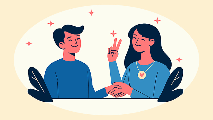 캐릭터 여자 남자 일러스트 목걸이 커뮤니케이션 악수 대화 미소 성인 두명 노란색 하트 풀잎 즐거움 브이 의사소통 성인만 국내일러스트 일러캐릭터 AI파일 모양 감정 컬러 잎 장신구 표정 말하기 사람 손짓 풀_식물 파일형식 벡터