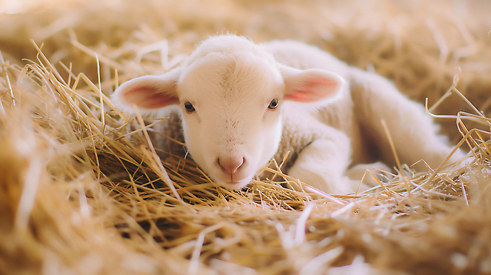 JPG 동물 편집이미지 엎드리기 사람없음 양 분위기 밀짚 카피스페이스 편집실사 AI포토 AI콘텐츠 컨셉 포유류 모션 공백 짚 CG 파일형식