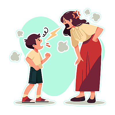 전신 캐릭터 여자 남자 아들 어린이 허리손 일러스트 엄마 소년 성인 두명 짜증 번개 싸움 갈등 말다툼 국내일러스트 일러캐릭터 AI파일 감정 포즈 가족 모션 날씨 사람 파일형식 벡터