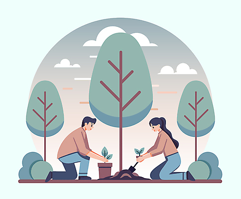 전신 나무 구름 캐릭터 여자 남자 화분 지구 일러스트 자연 하늘 프레임 성인 두명 새싹 흙 삽 에코 친환경 나무심기 모종 성인만 국내일러스트 일러캐릭터 AI파일 자연요소 식물 사람 환경 생태계 심기 파일형식 벡터