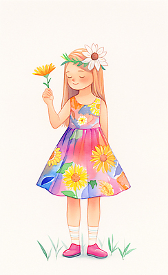 JPG 전신 드레스 원피스 여자 꽃 어린이 꽃무늬 일러스트 붓터치 수채화 한명 미소 들기 소녀 컬러풀 귀여움 국내일러스트 AI일러스트 AI콘텐츠 식물 1 옷 컬러 컨셉 무늬 모션 표정 사람 파일형식