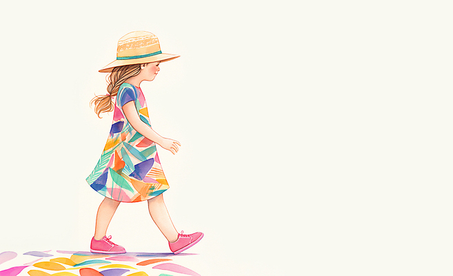 JPG 전신 드레스 원피스 여자 어린이 패턴 일러스트 붓터치 수채화 한명 소녀 컬러풀 걷기 귀여움 국내일러스트 AI일러스트 AI콘텐츠 1 옷 컬러 컨셉 무늬 모션 사람 파일형식