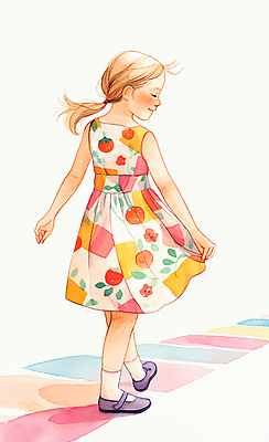 JPG 전신 드레스 원피스 여자 어린이 패턴 일러스트 붓터치 수채화 한명 소녀 컬러풀 걷기 귀여움 국내일러스트 AI일러스트 AI콘텐츠 1 옷 컬러 컨셉 무늬 모션 사람 파일형식