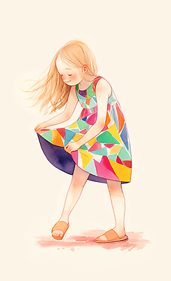 JPG 전신 드레스 원피스 여자 어린이 패턴 일러스트 붓터치 수채화 한명 소녀 컬러풀 귀여움 패치워크 국내일러스트 AI일러스트 AI콘텐츠 1 옷 컬러 컨셉 무늬 사람 수예 파일형식