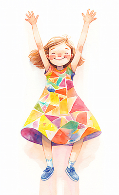 JPG 전신 드레스 원피스 여자 어린이 패턴 일러스트 붓터치 수채화 한명 미소 소녀 컬러풀 귀여움 점프 만세 패치워크 국내일러스트 AI일러스트 AI콘텐츠 1 옷 컬러 컨셉 무늬 모션 표정 사람 수예 파일형식