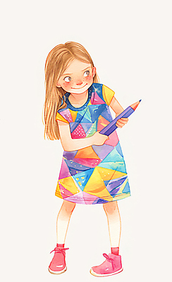 JPG 전신 드레스 원피스 여자 어린이 패턴 일러스트 붓터치 수채화 한명 들기 소녀 컬러풀 연필 귀여움 크레파스 패치워크 국내일러스트 AI일러스트 AI콘텐츠 1 옷 컬러 컨셉 무늬 모션 학용품 사람 필기구 수예 파일형식