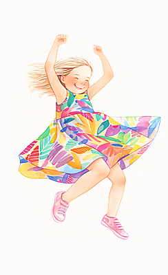 JPG 전신 드레스 원피스 여자 어린이 패턴 일러스트 붓터치 수채화 한명 웃음 소녀 컬러풀 귀여움 점프 국내일러스트 AI일러스트 AI콘텐츠 1 옷 컬러 컨셉 무늬 모션 표정 사람 파일형식