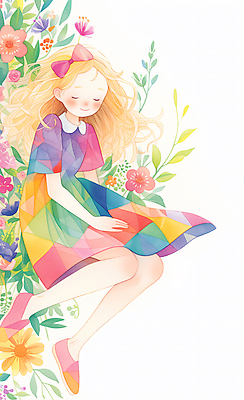 JPG 전신 드레스 원피스 여자 꽃 어린이 패턴 일러스트 붓터치 수채화 한명 소녀 컬러풀 귀여움 패치워크 국내일러스트 AI일러스트 AI콘텐츠 식물 1 옷 컬러 컨셉 무늬 사람 수예 파일형식