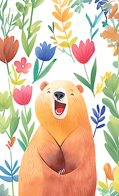 JPG 동물 꽃잎 행복 야생동물 일러스트 곰 수채화 사람없음 컬러풀 귀여움 환경 풀잎 즐거움 국내일러스트 AI일러스트 AI콘텐츠 꽃 감정 컬러 컨셉 잎 포유류 풀_식물 파일형식