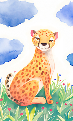JPG 동물 구름 꽃잎 야생동물 일러스트 하늘 수채화 초원 사람없음 컬러풀 귀여움 환경 풀잎 치타 국내일러스트 AI일러스트 AI콘텐츠 자연요소 꽃 컬러 컨셉 잎 포유류 풀_식물 파일형식