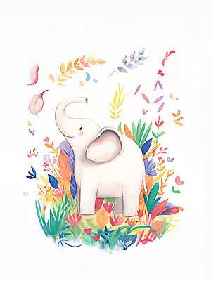 JPG 동물 꽃잎 행복 야생동물 일러스트 코끼리 수채화 초원 사람없음 컬러풀 귀여움 환경 풀잎 즐거움 국내일러스트 AI일러스트 AI콘텐츠 꽃 감정 컬러 컨셉 잎 포유류 풀_식물 파일형식