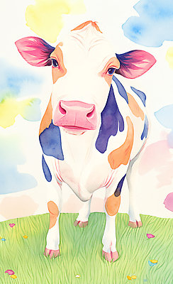 JPG 동물 구름 꽃잎 야생동물 일러스트 하늘 수채화 초원 사람없음 컬러풀 귀여움 환경 풀잎 소 국내일러스트 AI일러스트 AI콘텐츠 자연요소 꽃 컬러 컨셉 잎 포유류 풀_식물 파일형식