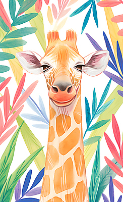 JPG 동물 야생동물 일러스트 수채화 사람없음 컬러풀 귀여움 환경 풀잎 기린 국내일러스트 AI일러스트 AI콘텐츠 컬러 컨셉 잎 포유류 풀_식물 파일형식