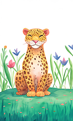 JPG 동물 꽃잎 행복 야생동물 일러스트 수채화 초원 사람없음 컬러풀 귀여움 환경 풀잎 즐거움 표범 국내일러스트 AI일러스트 AI콘텐츠 꽃 감정 컬러 컨셉 잎 포유류 풀_식물 파일형식