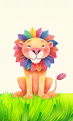 JPG 동물 꽃잎 행복 야생동물 일러스트 수채화 초원 사람없음 컬러풀 귀여움 환경 풀잎 사자 즐거움 국내일러스트 AI일러스트 AI콘텐츠 꽃 감정 컬러 컨셉 잎 포유류 풀_식물 파일형식