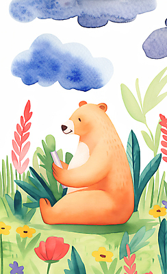 JPG 동물 꽃잎 행복 야생동물 일러스트 곰 수채화 초원 사람없음 책 컬러풀 귀여움 환경 풀잎 즐거움 국내일러스트 AI일러스트 AI콘텐츠 꽃 감정 컬러 컨셉 잎 포유류 풀_식물 파일형식
