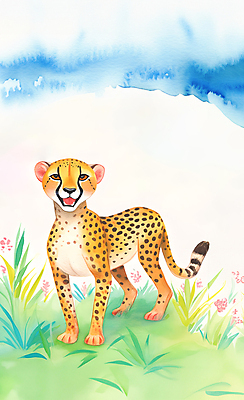 JPG 동물 구름 꽃잎 야생동물 일러스트 하늘 수채화 초원 사람없음 컬러풀 귀여움 환경 풀잎 치타 국내일러스트 AI일러스트 AI콘텐츠 자연요소 꽃 컬러 컨셉 잎 포유류 풀_식물 파일형식