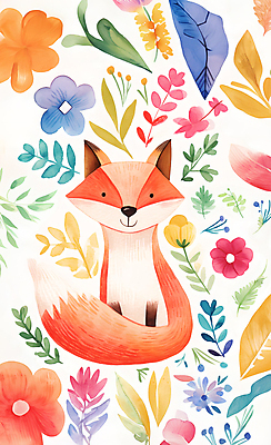 JPG 동물 꽃잎 행복 야생동물 일러스트 수채화 사람없음 컬러풀 귀여움 환경 풀잎 즐거움 여우 국내일러스트 AI일러스트 AI콘텐츠 꽃 감정 컬러 컨셉 잎 포유류 풀_식물 파일형식