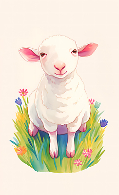 JPG 동물 꽃잎 행복 야생동물 일러스트 수채화 초원 사람없음 컬러풀 귀여움 환경 양 풀잎 즐거움 국내일러스트 AI일러스트 AI콘텐츠 꽃 감정 컬러 컨셉 잎 포유류 풀_식물 파일형식