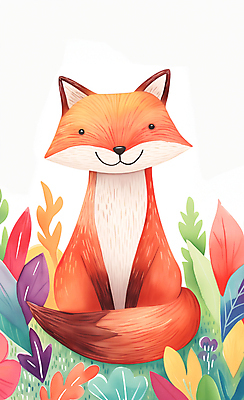 JPG 동물 꽃잎 행복 야생동물 일러스트 수채화 초원 사람없음 컬러풀 귀여움 환경 풀잎 즐거움 여우 국내일러스트 AI일러스트 AI콘텐츠 꽃 감정 컬러 컨셉 잎 포유류 풀_식물 파일형식