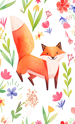 JPG 동물 꽃잎 행복 야생동물 일러스트 수채화 사람없음 컬러풀 귀여움 환경 풀잎 즐거움 여우 국내일러스트 AI일러스트 AI콘텐츠 꽃 감정 컬러 컨셉 잎 포유류 풀_식물 파일형식