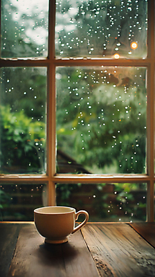 JPG 편집이미지 계절 창문 날씨 휴식 사람없음 여름 풀잎 찻잔 빗방울 디지털합성 장마 편집실사 AI포토 AI콘텐츠 컨셉 잎 잔 풀_식물 비_날씨 CG 파일형식