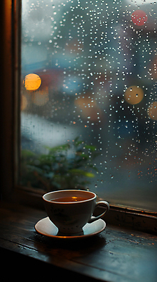 JPG 편집이미지 계절 창문 날씨 휴식 사람없음 여름 찻잔 빗방울 컵받침 디지털합성 보케 장마 편집실사 AI포토 AI콘텐츠 컨셉 잔 비_날씨 받침대 CG 파일형식