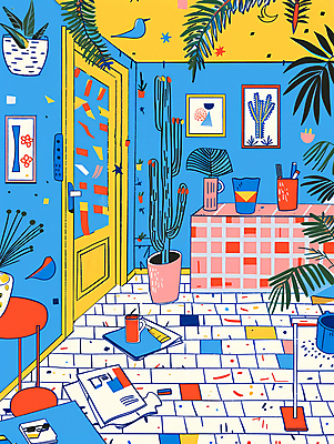 JPG 화분 액자 잎 패턴 그래픽백그라운드 의자 일러스트 조류 선인장 사람없음 파란색 문 공간 머그컵 잡지 타일바닥 국내일러스트 AI일러스트 AI콘텐츠 식물 동물 컬러 가구 백그라운드 무늬 바닥 그래픽 간행물 컵 파일형식