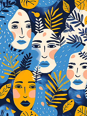 JPG 여자 남자 얼굴 잎 패턴 그래픽백그라운드 일러스트 여러명 성인 파란색 노란색 질감 성인만 국내일러스트 AI일러스트 AI콘텐츠 식물 컬러 다수 백그라운드 무늬 사람 신체부위 그래픽 파일형식