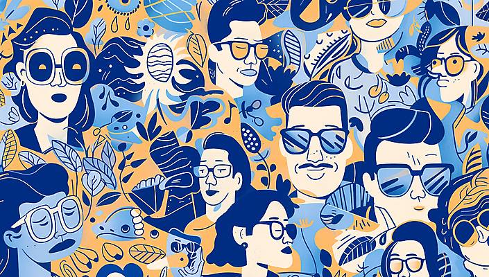 JPG 여자 남자 얼굴 잎 패턴 그래픽백그라운드 일러스트 여러명 성인 파란색 선글라스 성인만 안경낌 국내일러스트 AI일러스트 AI콘텐츠 식물 안경 컬러 다수 백그라운드 무늬 사람 신체부위 그래픽 파일형식