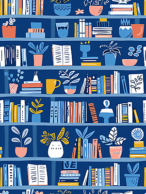 JPG 식물 화분 패턴 그래픽백그라운드 일러스트 책장 사람없음 책 파란색 머그컵 국내일러스트 AI일러스트 AI콘텐츠 컬러 가구 백그라운드 무늬 그래픽 컵 파일형식